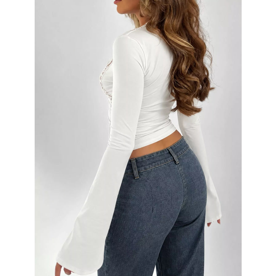 Lace Trim V-Neck Long Sleeve Slim Fit T-Shirt Apparel and Accessories