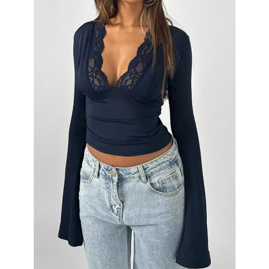 Lace Trim V-Neck Long Sleeve Slim Fit T-Shirt Royal Blue / S Apparel and Accessories
