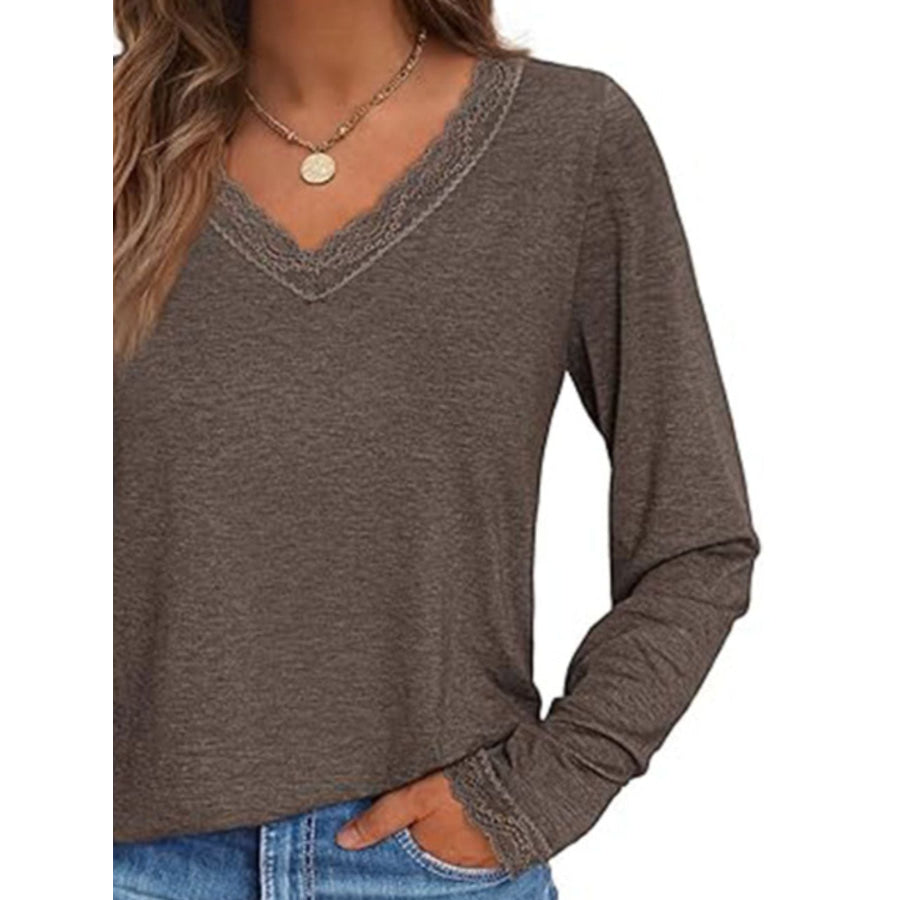 Lace Trim V-Neck Long Sleeve T-Shirt Apparel and Accessories