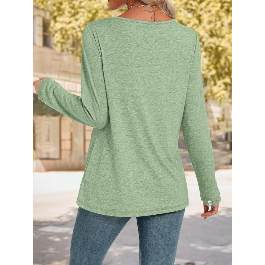 Lace Trim V-Neck Long Sleeve T-Shirt Apparel and Accessories