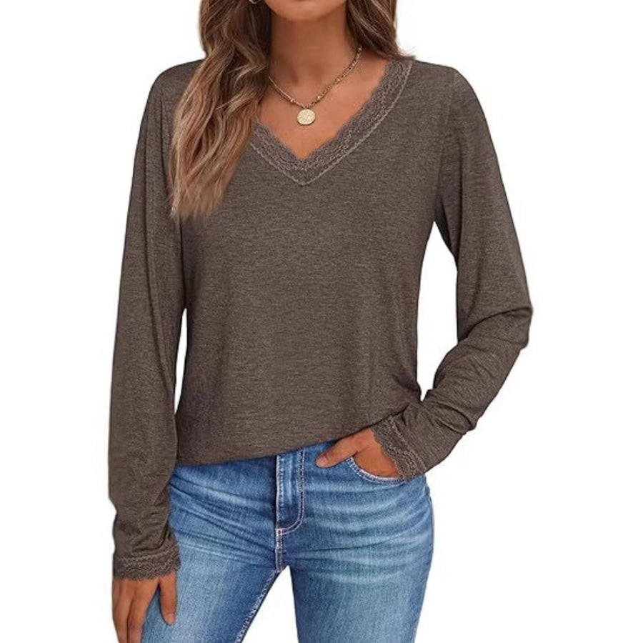 Lace Trim V-Neck Long Sleeve T-Shirt Brown / S Apparel and Accessories
