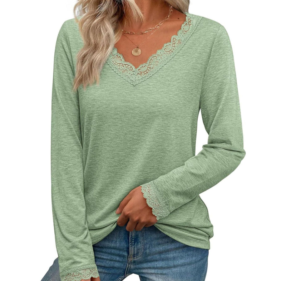 Lace Trim V-Neck Long Sleeve T-Shirt Gum Leaf / S Apparel and Accessories