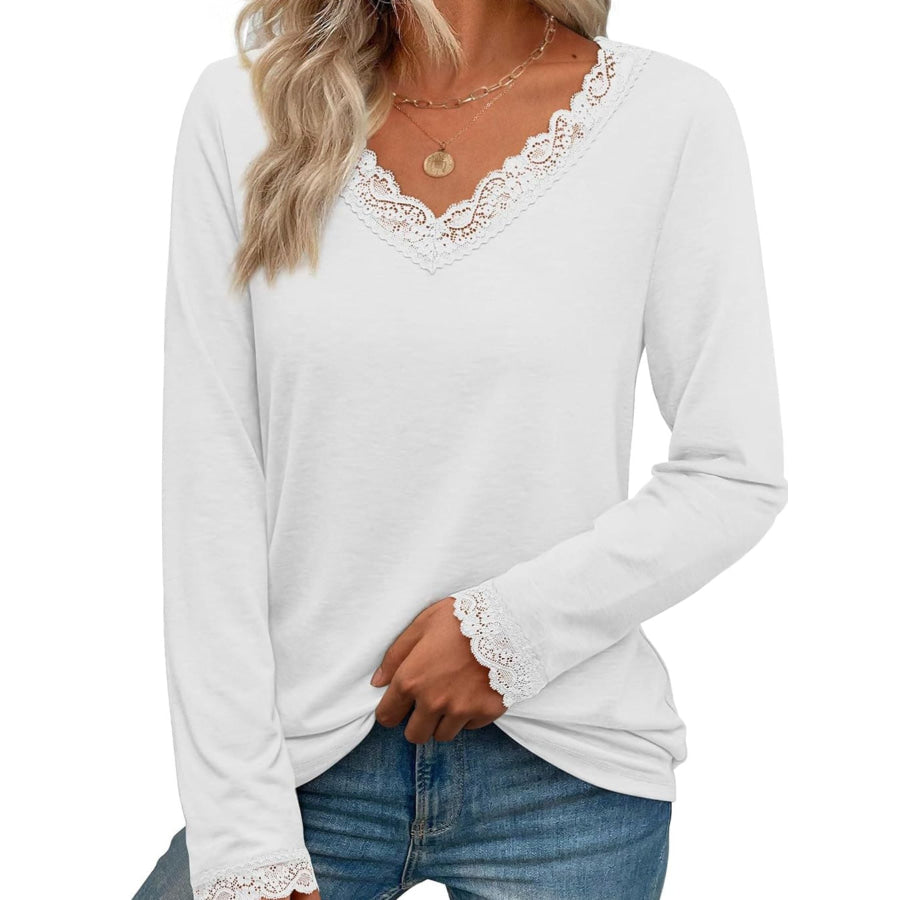 Lace Trim V-Neck Long Sleeve T-Shirt White / S Apparel and Accessories