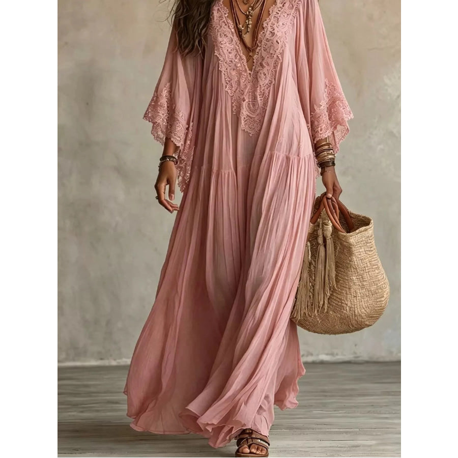 Lace Trim V-Neck Maxi Dress Apparel and Accessories