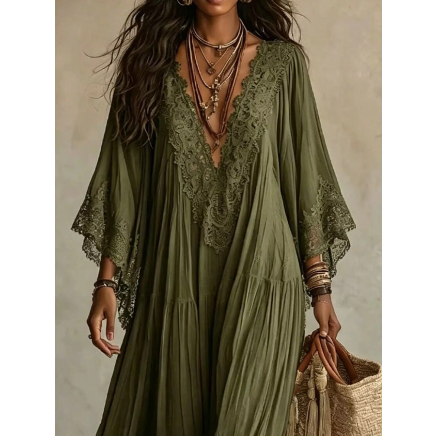 Lace Trim V-Neck Maxi Dress Apparel and Accessories