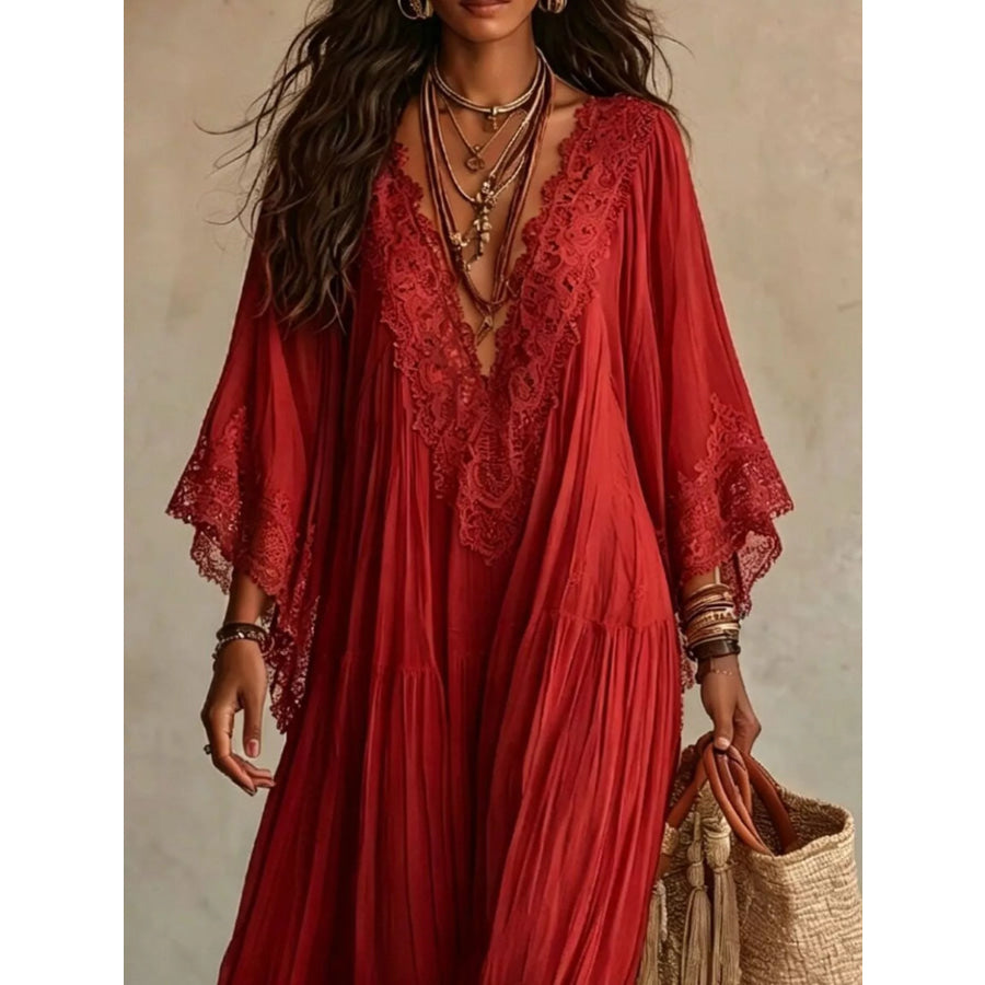 Lace Trim V-Neck Maxi Dress Apparel and Accessories
