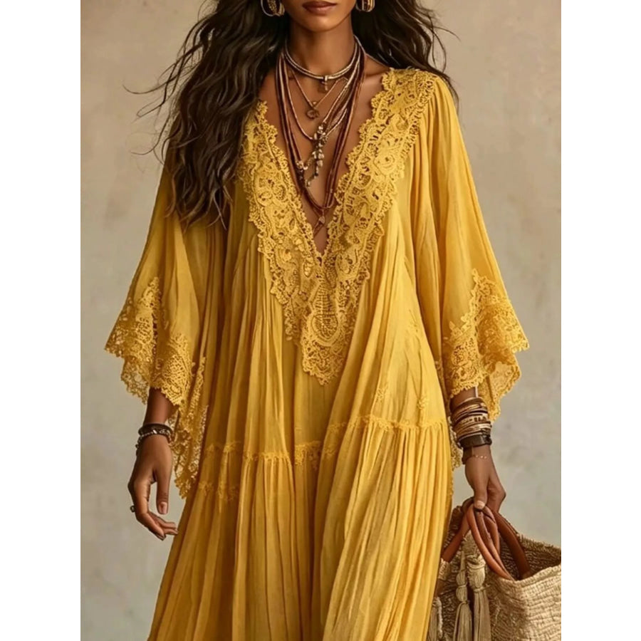 Lace Trim V-Neck Maxi Dress Apparel and Accessories