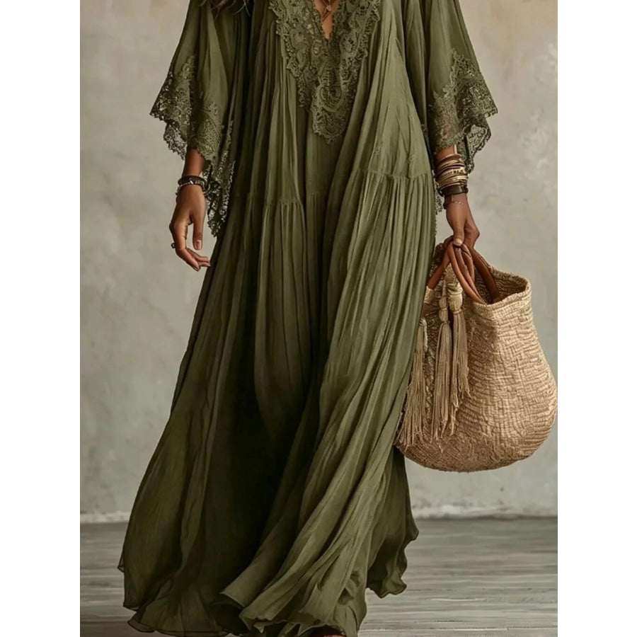 Lace Trim V-Neck Maxi Dress Apparel and Accessories