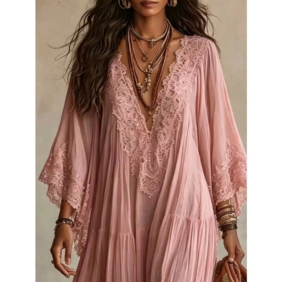 Lace Trim V-Neck Maxi Dress Apparel and Accessories