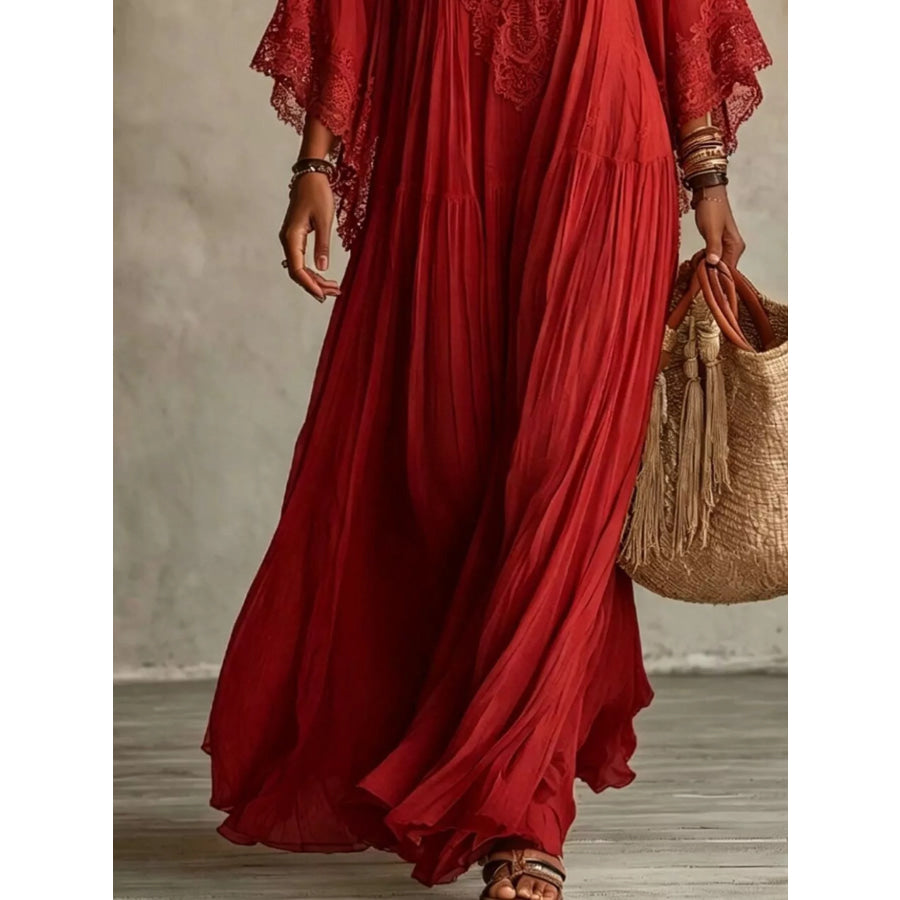 Lace Trim V-Neck Maxi Dress Apparel and Accessories