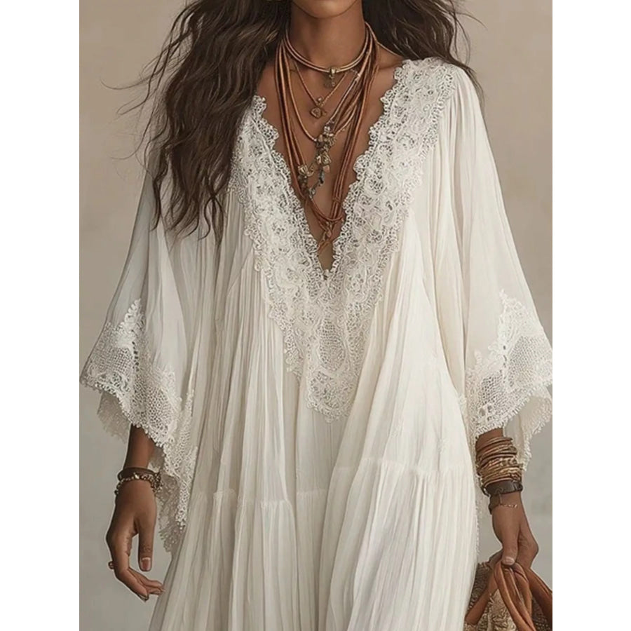 Lace Trim V-Neck Maxi Dress Apparel and Accessories