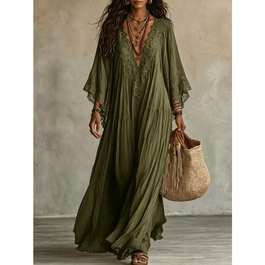 Lace Trim V-Neck Maxi Dress Army Green / XS Apparel and Accessories
