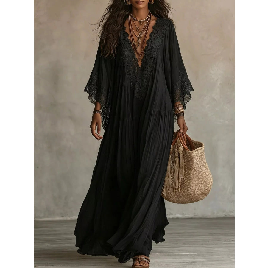 Lace Trim V-Neck Maxi Dress Black / XS Apparel and Accessories