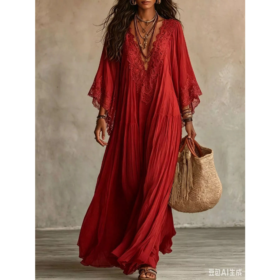 Lace Trim V-Neck Maxi Dress Deep Red / XS Apparel and Accessories