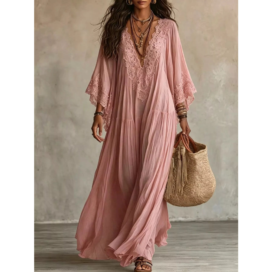 Lace Trim V-Neck Maxi Dress Dusty Pink / XS Apparel and Accessories