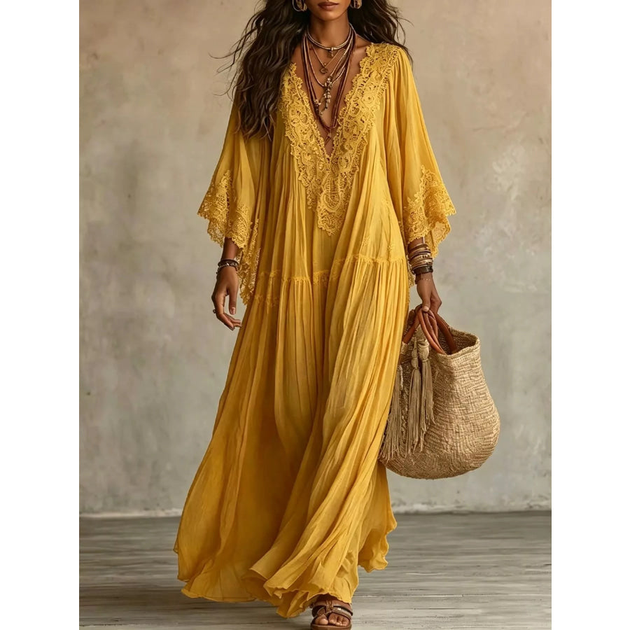 Lace Trim V-Neck Maxi Dress Mustard / XS Apparel and Accessories