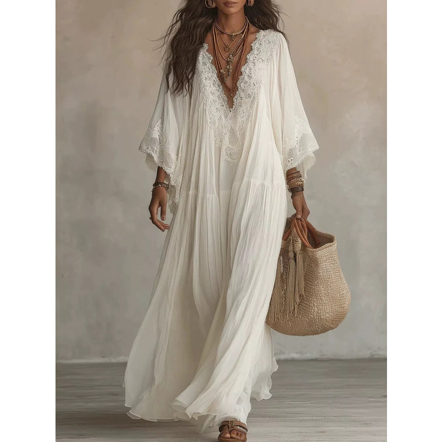 Lace Trim V-Neck Maxi Dress White / XS Apparel and Accessories