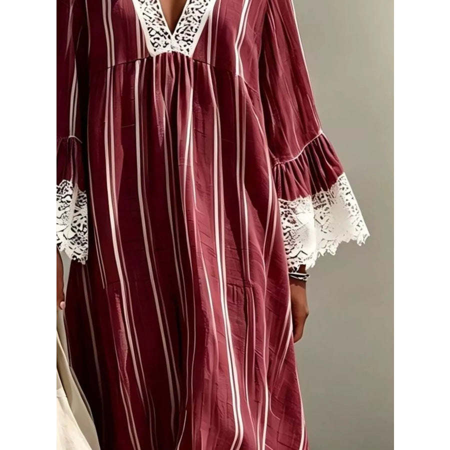 Lace Trim V-Neck Midi Dress Burgundy / S Apparel and Accessories