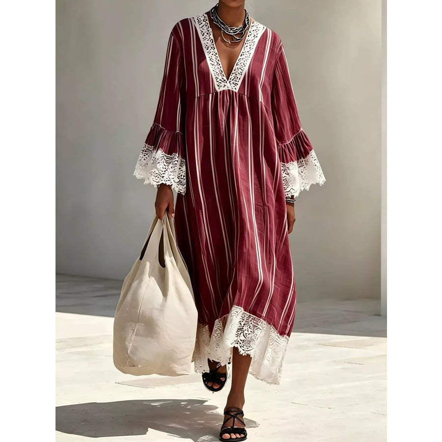 Lace Trim V-Neck Midi Dress Burgundy / S Apparel and Accessories
