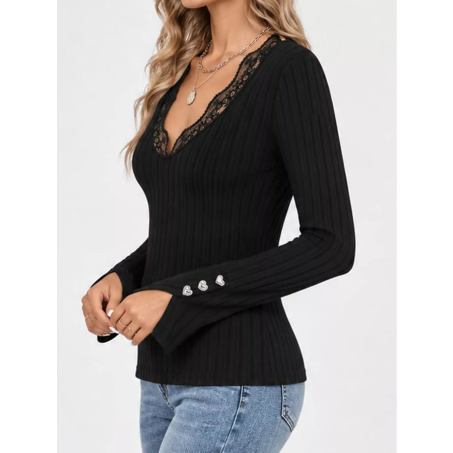Lace Trim V-Neck Ribbed Knit Top with Heart Decor Cuffs Apparel and Accessories