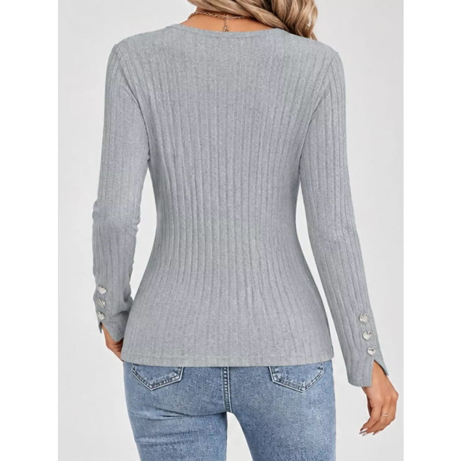 Lace Trim V-Neck Ribbed Knit Top with Heart Decor Cuffs Apparel and Accessories