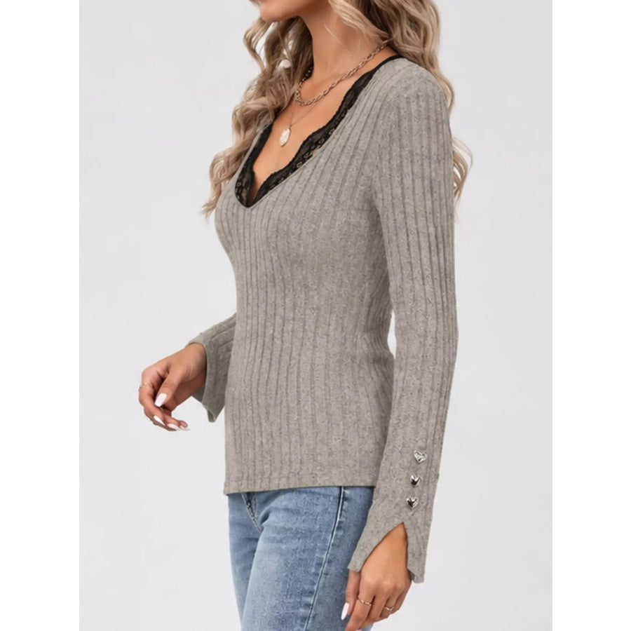 Lace Trim V-Neck Ribbed Knit Top with Heart Decor Cuffs Apparel and Accessories