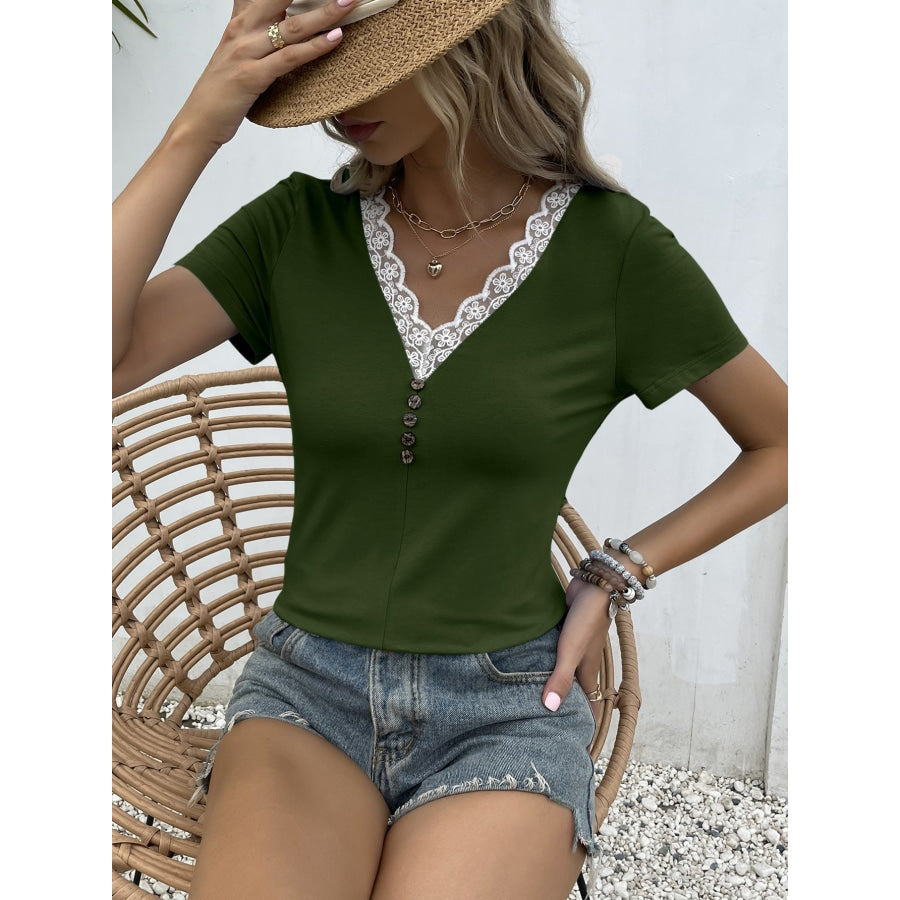 Lace Trim V-Neck Short Sleeve Blouse Army Green / S