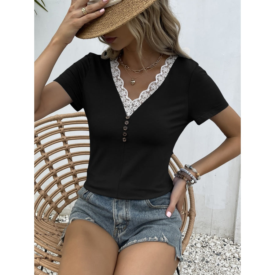 Lace Trim V-Neck Short Sleeve Blouse Black / S