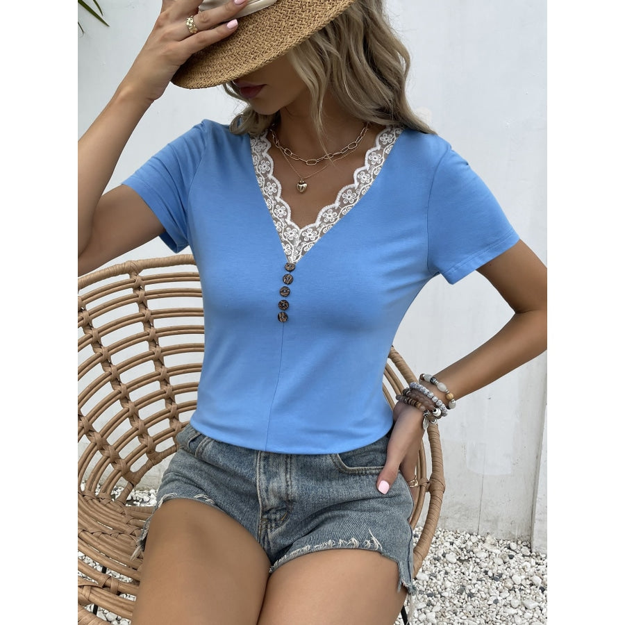 Lace Trim V-Neck Short Sleeve Blouse Cobalt Blue / S