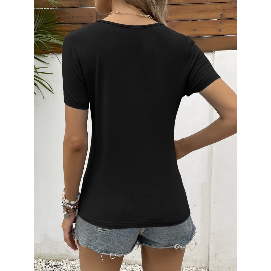 Lace Trim V-Neck Short Sleeve Blouse Black / S