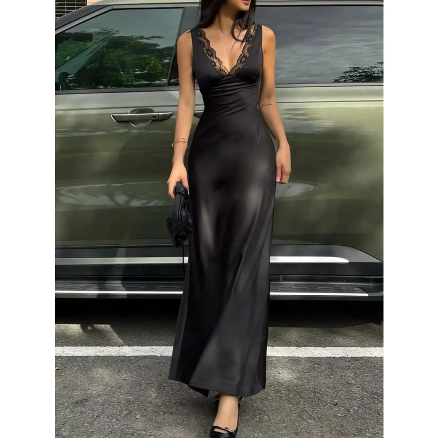 Lace Trim V-Neck Sleeveless Maxi Dress Apparel and Accessories