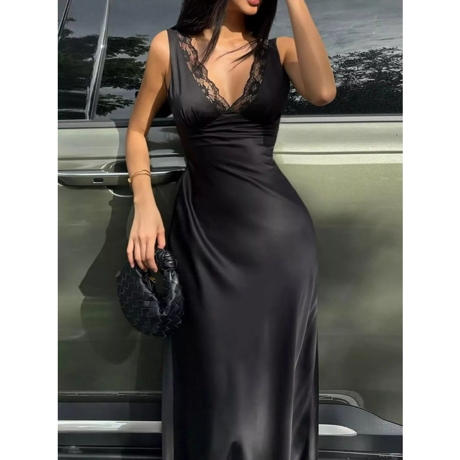 Lace Trim V-Neck Sleeveless Maxi Dress Apparel and Accessories