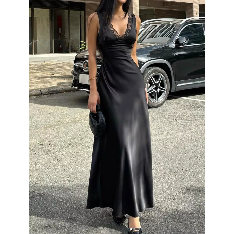 Lace Trim V-Neck Sleeveless Maxi Dress Black / S Apparel and Accessories