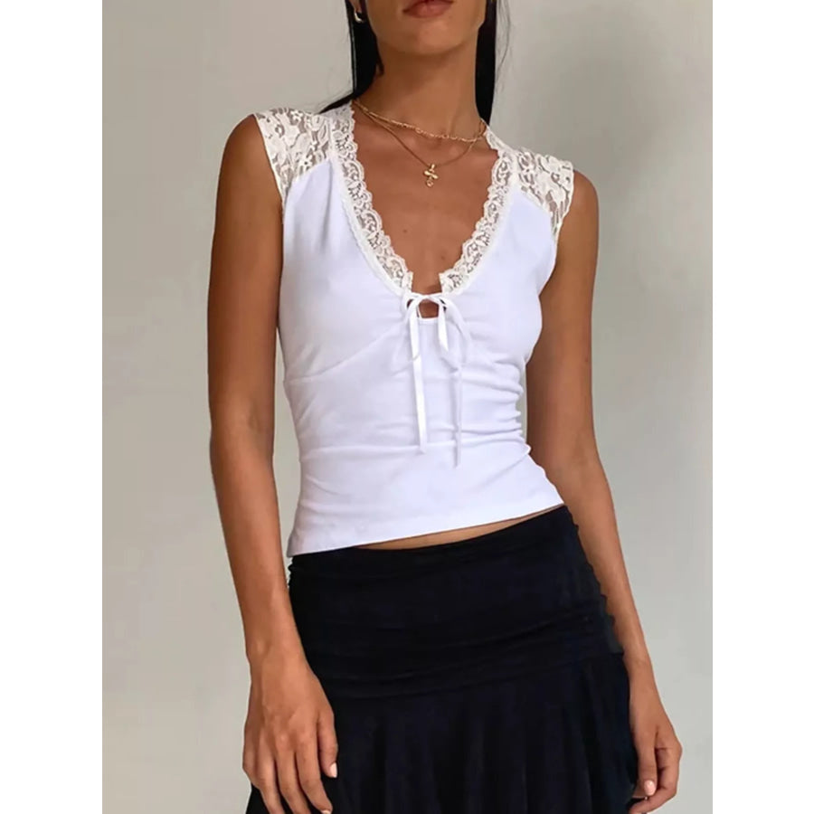 Lace Trim V-Neck Sleeveless Tank Top with Front Tie White / S Apparel and Accessories