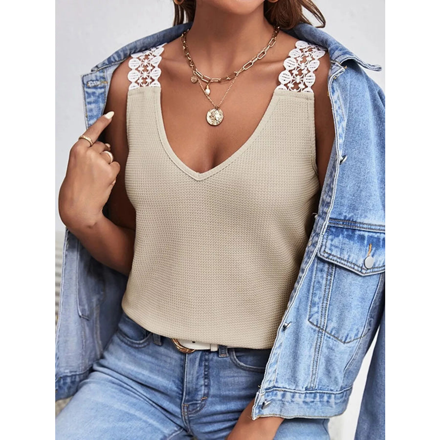 Lace Trim V-Neck Tank Top Beige / S Apparel and Accessories