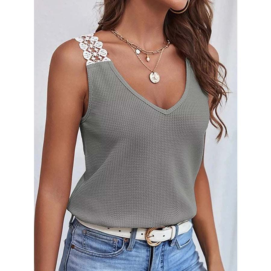 Lace Trim V-Neck Tank Top Gray / S Apparel and Accessories