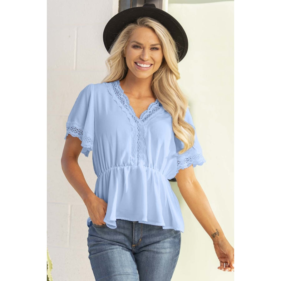 Lace Trim V-Neck Tied Peplum Blouse Pastel Blue / S