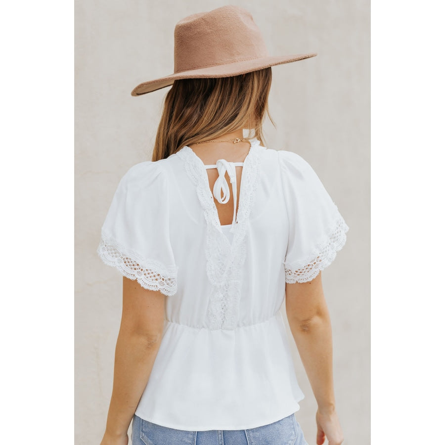 Lace Trim V-Neck Tied Peplum Blouse White / S