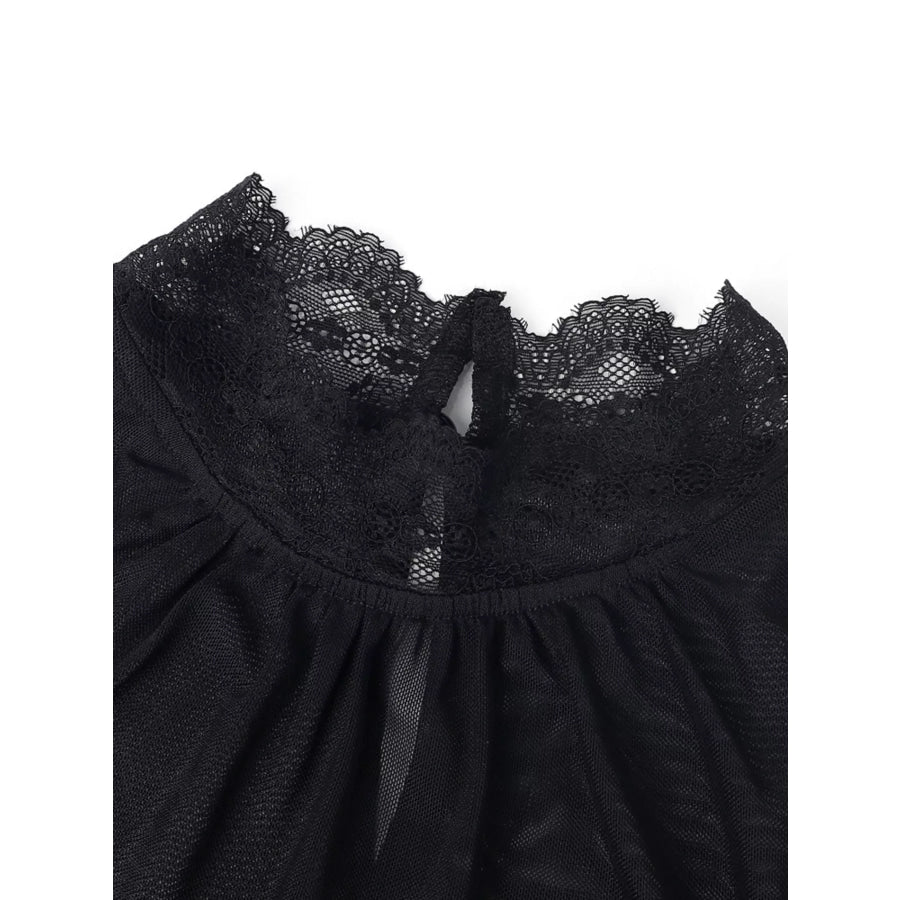 Lace Trim Velvet Sheer Sleeve Blouse Apparel and Accessories