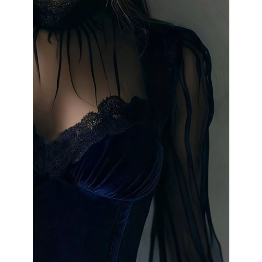 Lace Trim Velvet Sheer Sleeve Blouse Apparel and Accessories