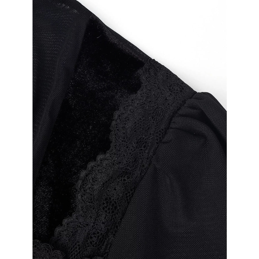 Lace Trim Velvet Sheer Sleeve Blouse Apparel and Accessories