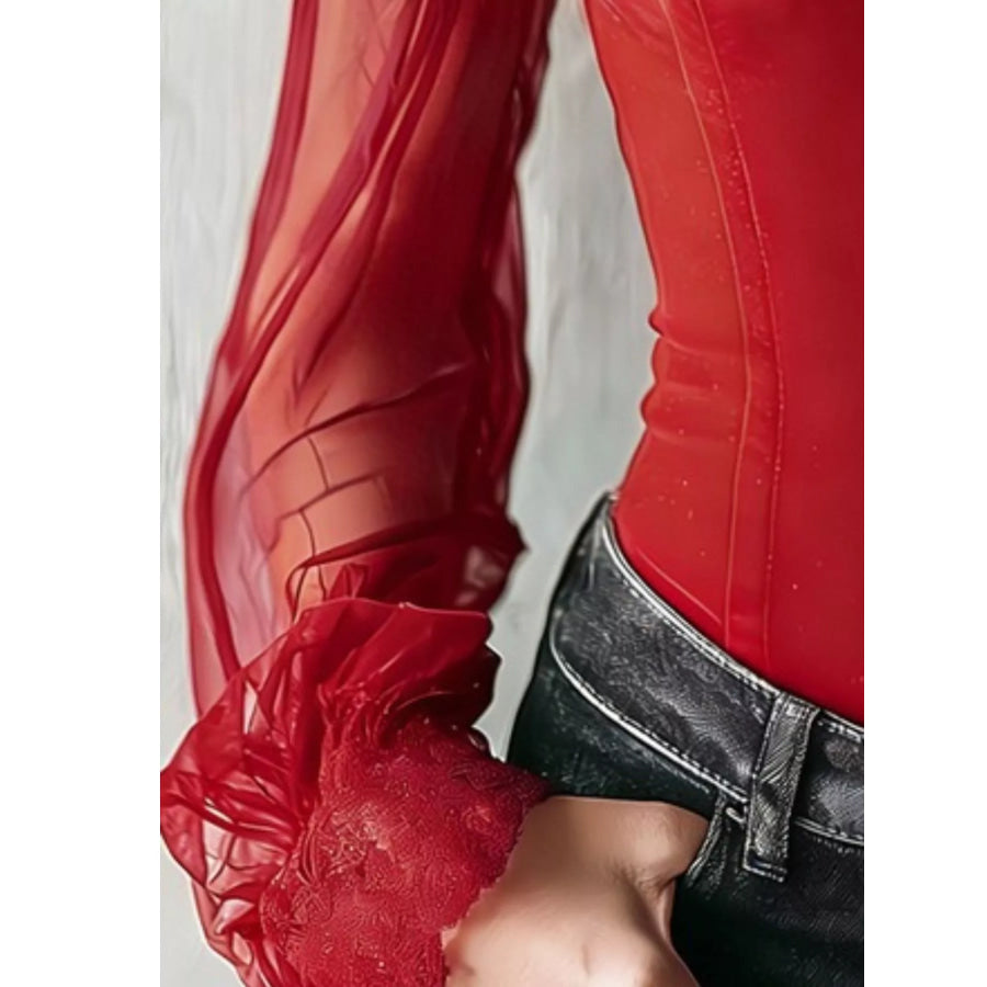 Lace Trim Velvet Sheer Sleeve Blouse Apparel and Accessories