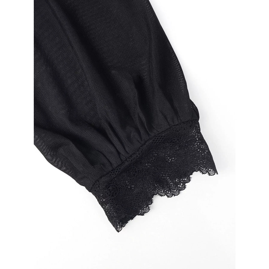 Lace Trim Velvet Sheer Sleeve Blouse Apparel and Accessories