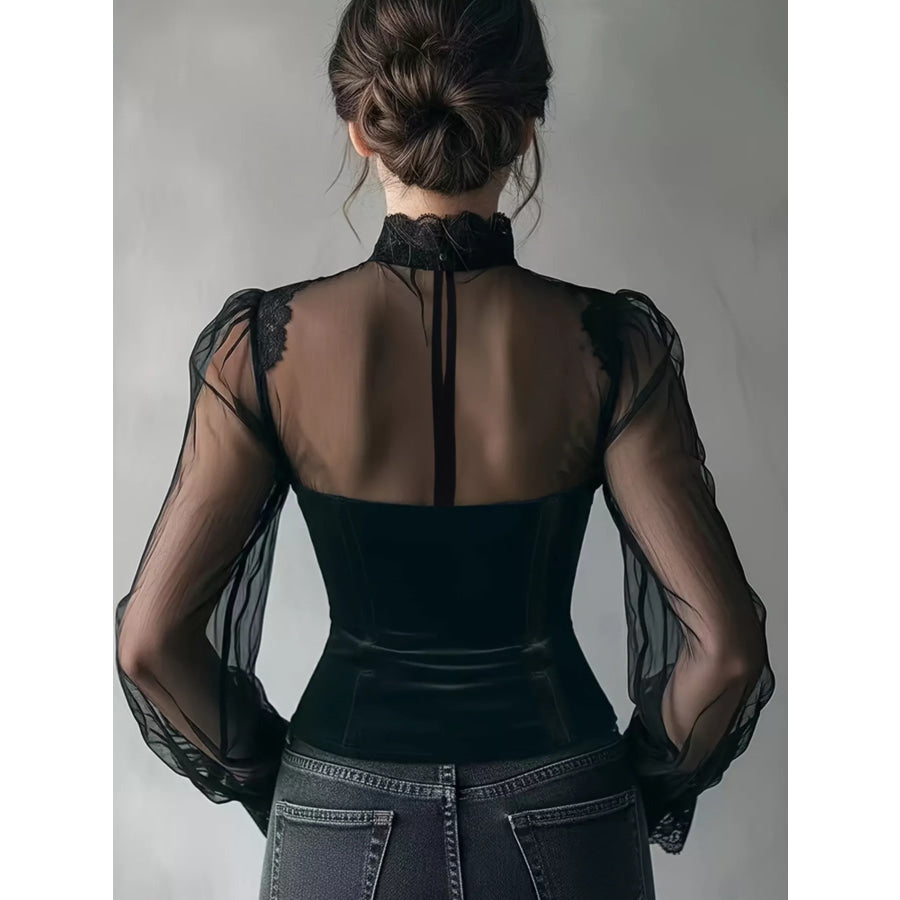 Lace Trim Velvet Sheer Sleeve Blouse Apparel and Accessories