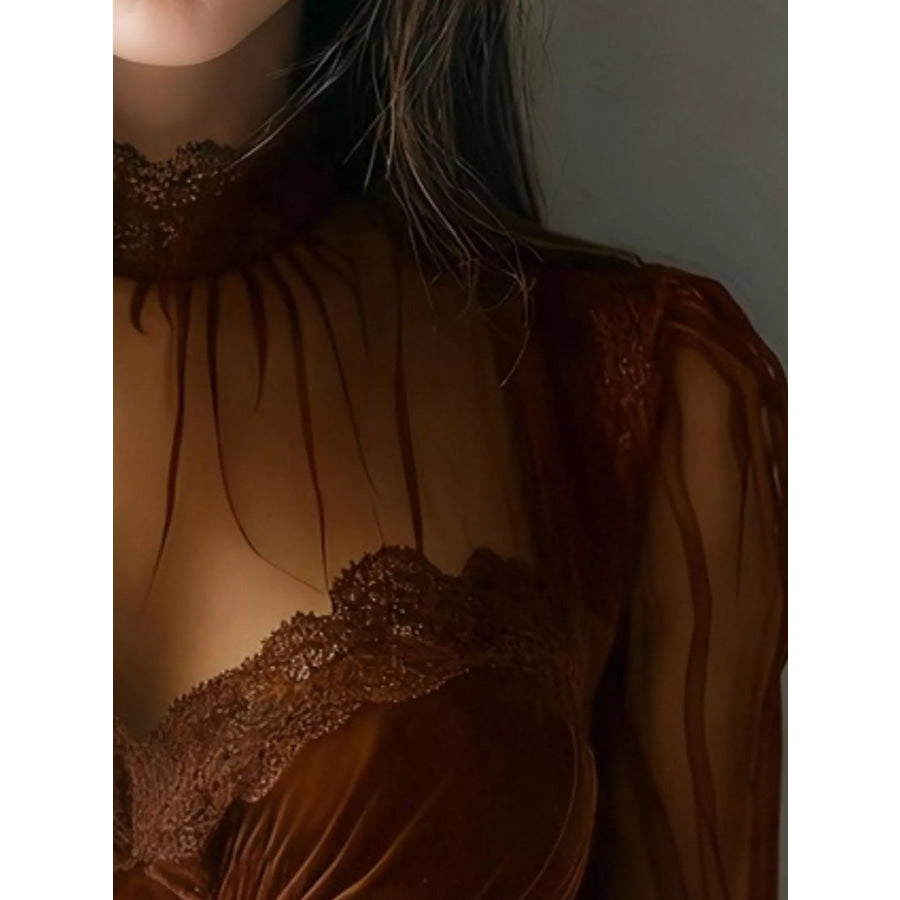 Lace Trim Velvet Sheer Sleeve Blouse Apparel and Accessories