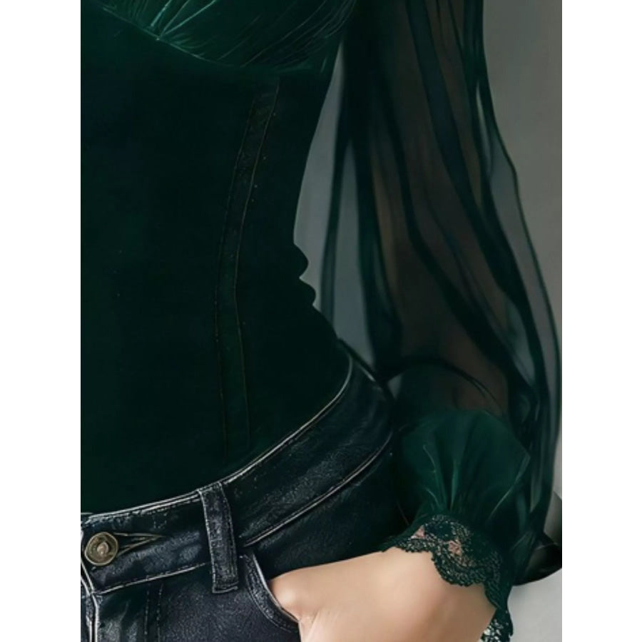 Lace Trim Velvet Sheer Sleeve Blouse Apparel and Accessories