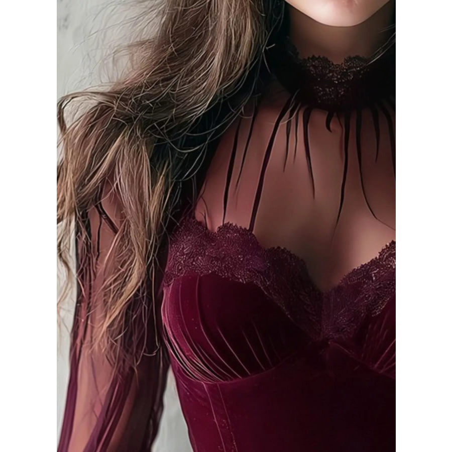 Lace Trim Velvet Sheer Sleeve Blouse Apparel and Accessories