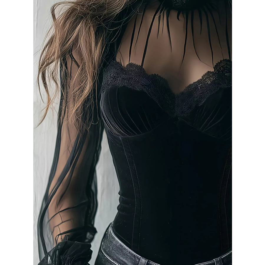 Lace Trim Velvet Sheer Sleeve Blouse Apparel and Accessories