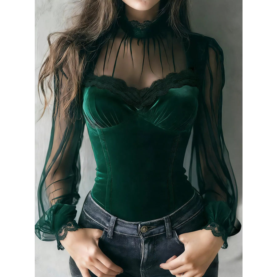 Lace Trim Velvet Sheer Sleeve Blouse Dark Green / S Apparel and Accessories