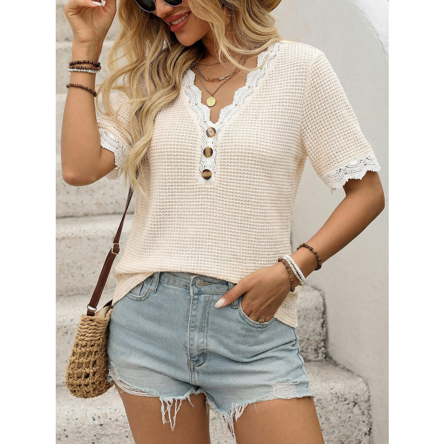 Lace Trim Waffle Knit T-Shirt Apparel and Accessories